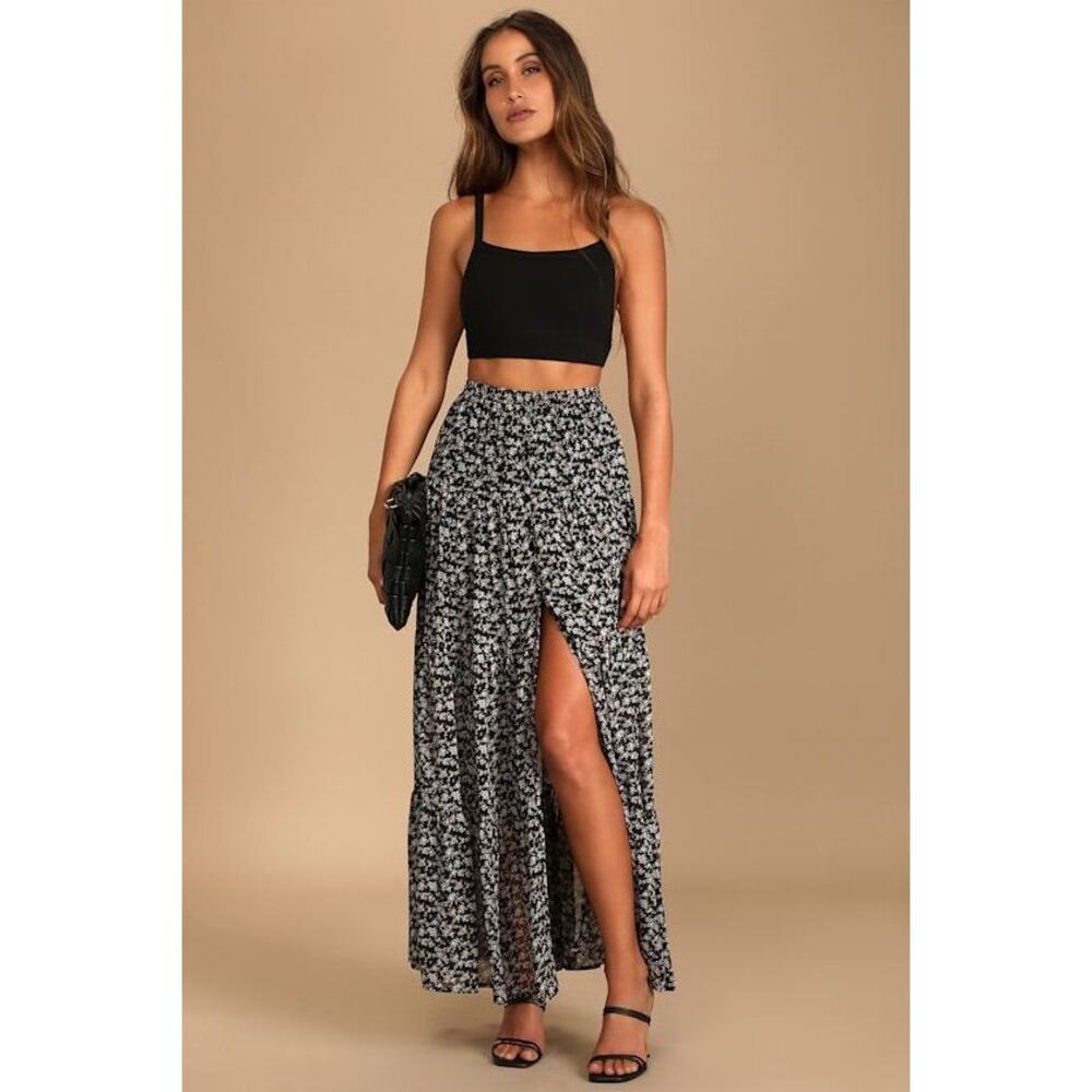 Lulus Subtle Sweetness Black Floral Print Tiered Maxi Skirt - Size S